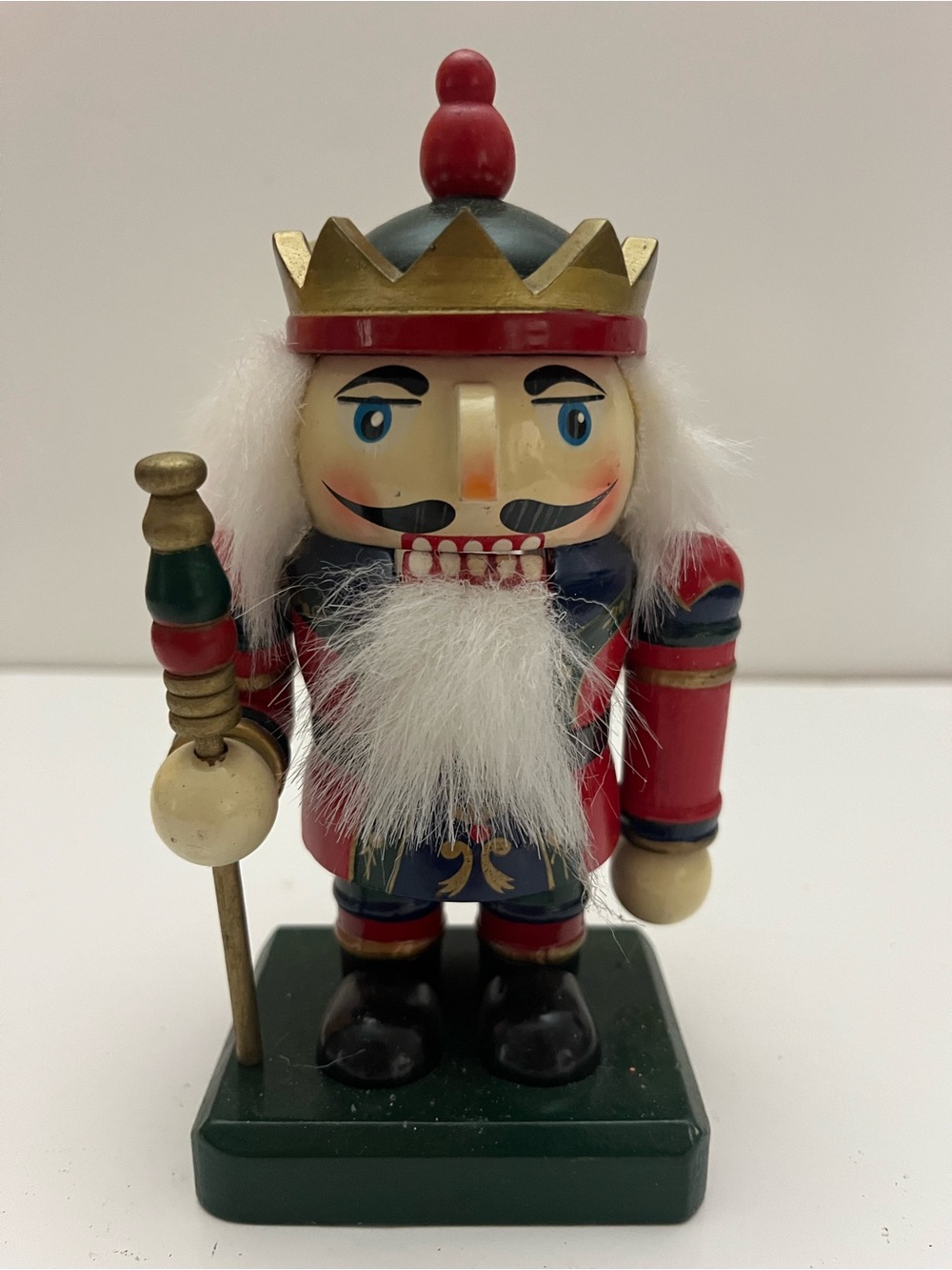 Vintage Wooden King Nutcracker Figurine Christmas Decor Red Blue Gold Scepter